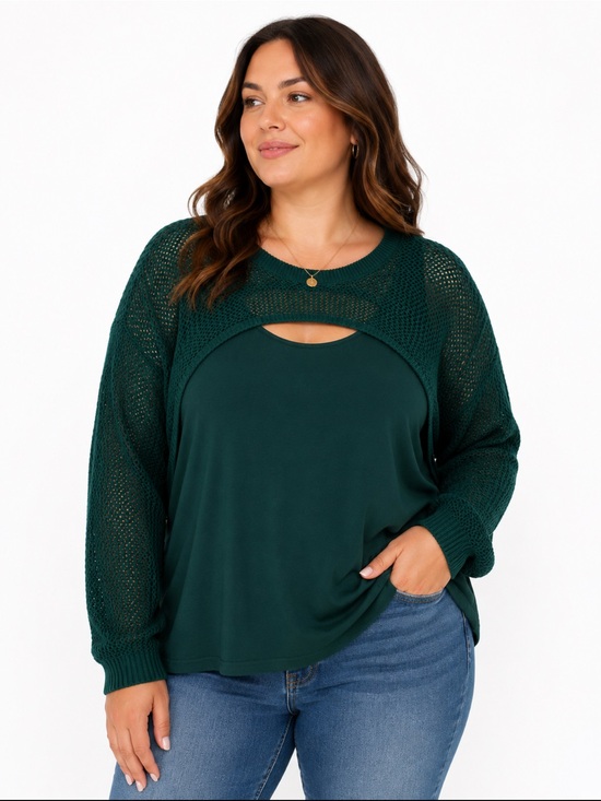 torrid Sweaters - torrid Teal Open-Knit Layered-Look Crewneck Sweater